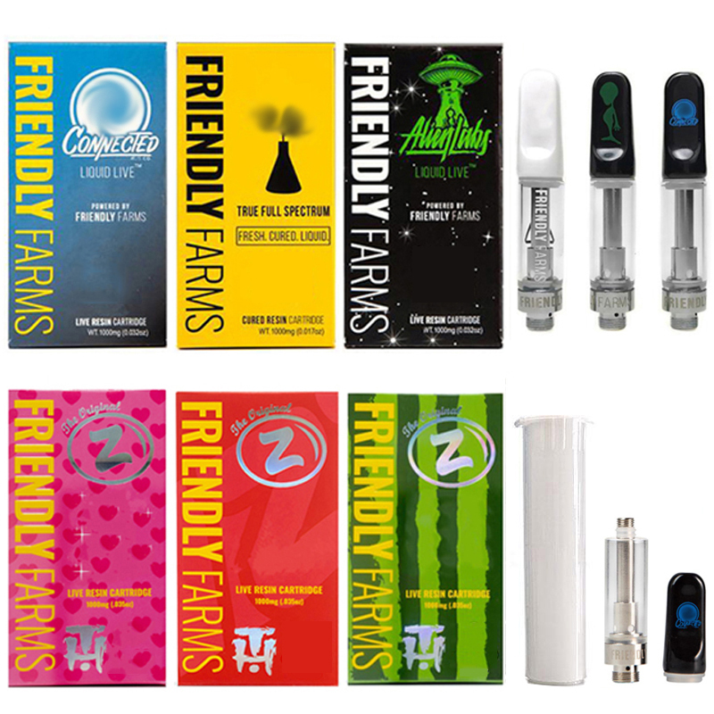 

Friendly Farms Cartridges Kits With Packaging 0.8ml 1.0ml Atomizer Ceramic Glass Live Resin Premium Vape Carts FF 510 Thread Vapes Pen 10 Strains