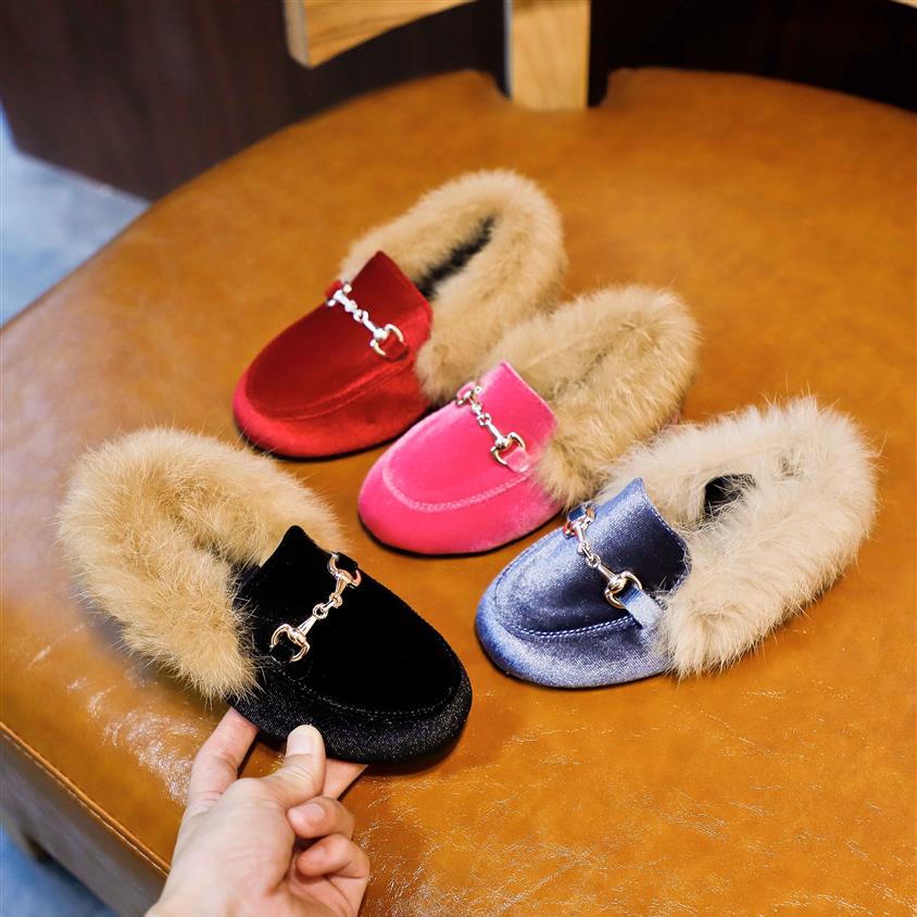 

Kids Girls Shoes Warm Flats PU Leather Suede Princess Fluffy Shoes Winter K311P, Rose suede