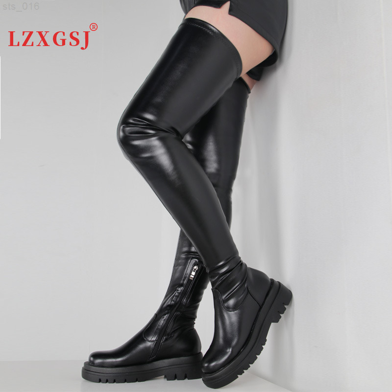 

Women's Boots Winter Thick Bottom Large Size Black Red Low Heels Comfortable Thigh High Boots Casual Women Goth Boots ShoesT220718