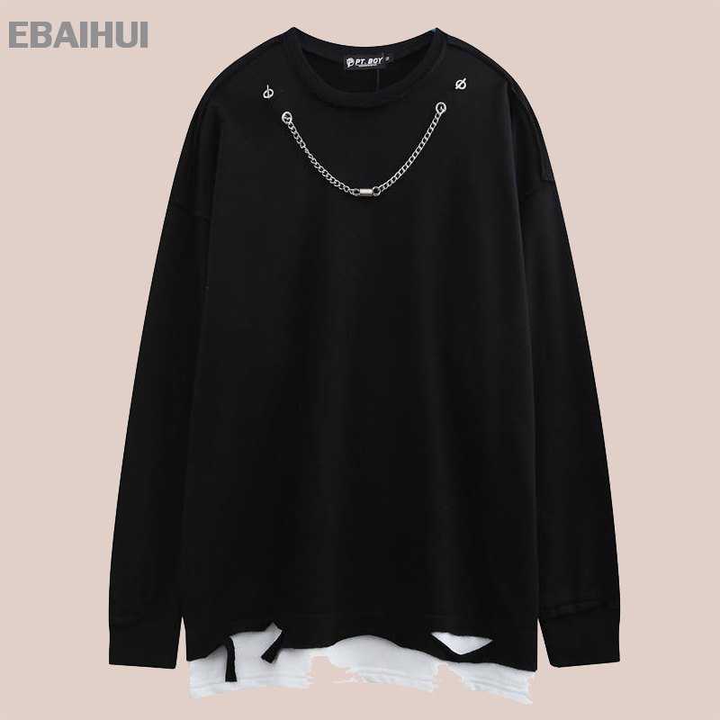 

EBAIHUI Hoodless Sweatshirt Men's Hem Hole Fake Two-piece Hoodie Solid Color Stitching Belt Chain Top Loose Casual Oversized, Black