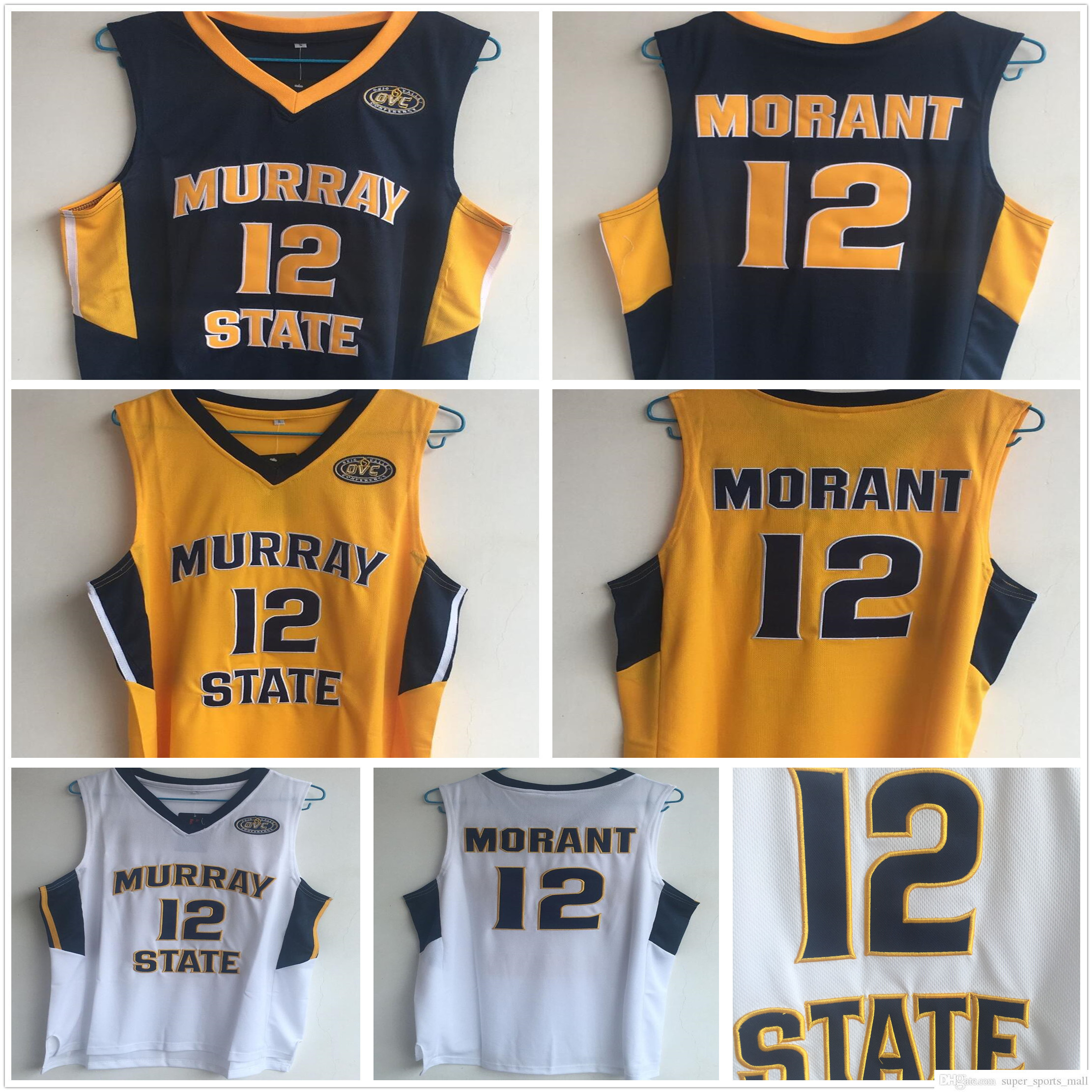 

Stitched NCAA Vintage Murray State Racers College Basketball Jerseys Ja 12 Morant Blue White Yellow Stitched Ja Morant Jersey Shirts OVC Patch -2XL