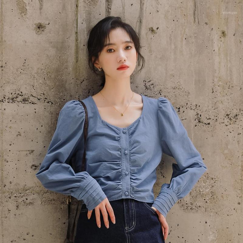 

Fashion Retro Square Collar Blouse For Women Blue Casual Long Puff Sleeve Chic Folds OL Short Tops White Mujer Women' Blouses & Shirts