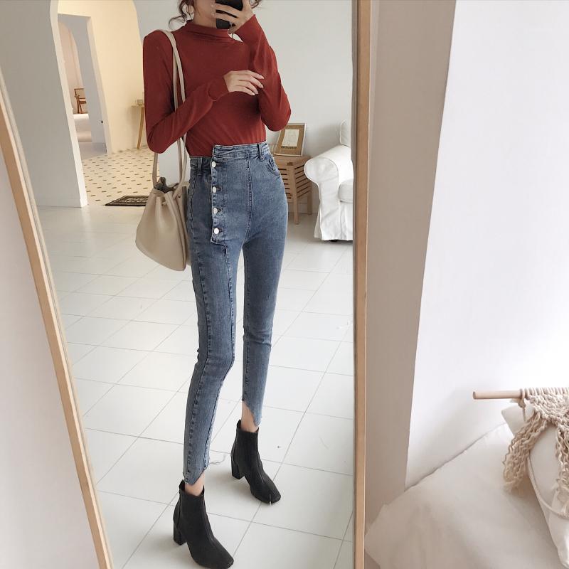 

Women' Jeans EAD 2022 Spring Korean Retro High Waist Single Breasted Slim Elastic Foot Pencil Pants Large Size, Black