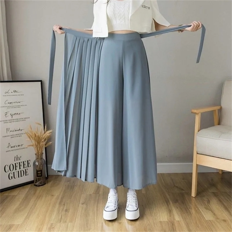 

Spring Summer Style Korean Women Pleated Chiffon Trousers High Waist Pants Hakama Casual Wide Leg Pantalones 220812, Black