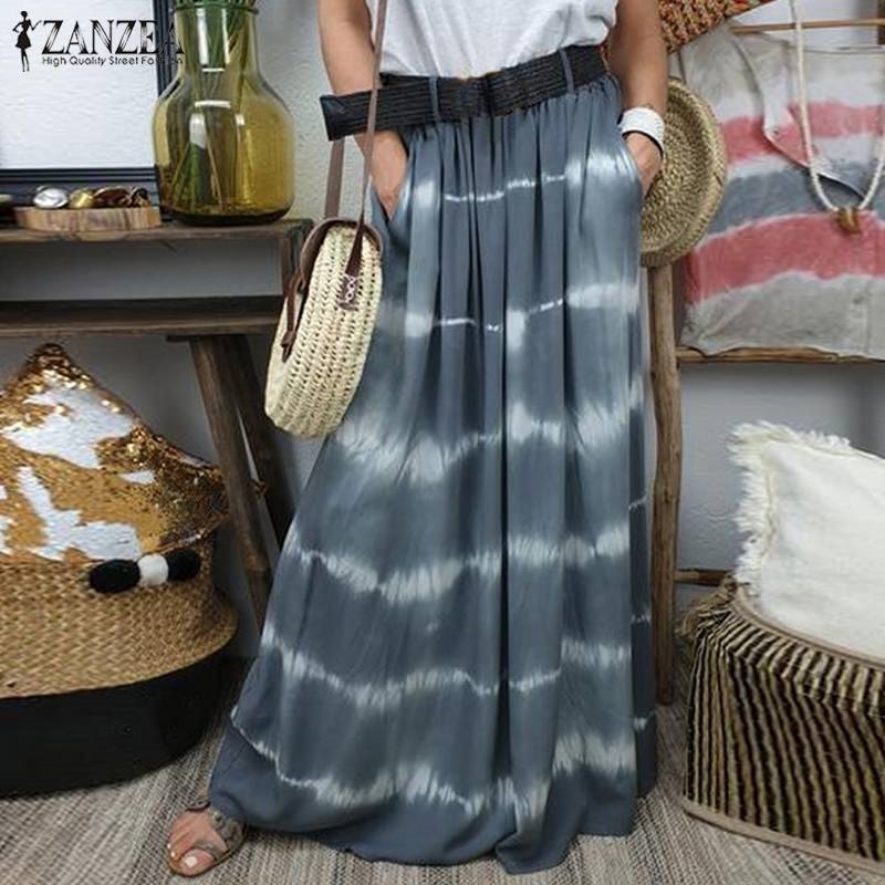 

ZANZEA Bohemian Printed Maxi Shirts Casual Faldas Saia Elastic Waist Long Robe Femme Female Striped Skirt Plus Size Y200326, Brown