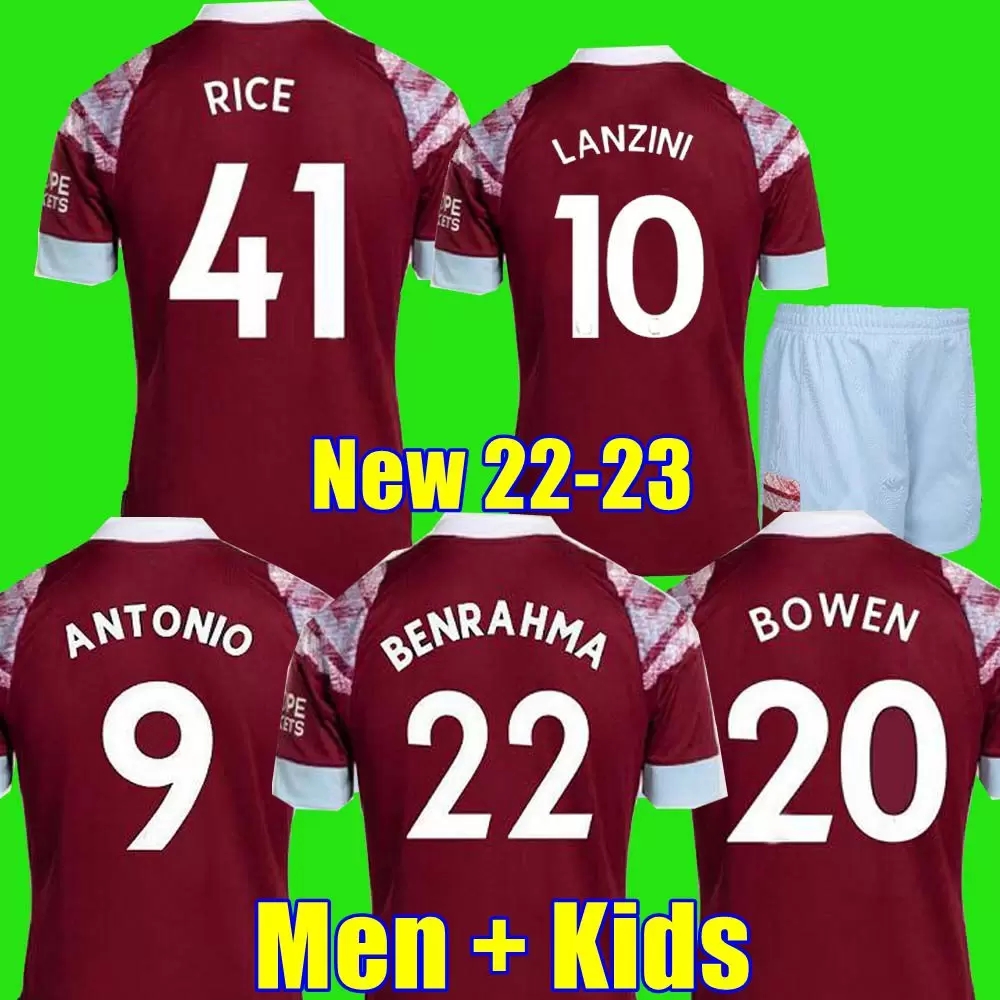 

22 23 West Ham United soccer jersey home NOBLE ANDERSON RICE BOWEN ANTONIO BENRAHMA 2022 2023 football shirt adult men kids kit sets boys uniform, 22 23 men home