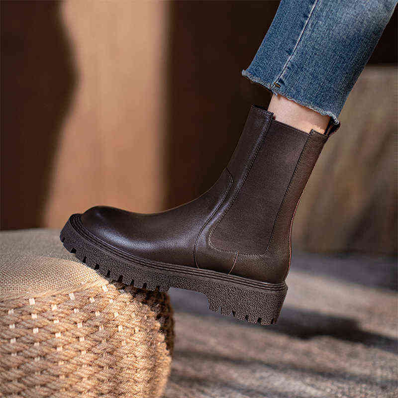 

Women Boots 2022 Autumn Winter New Chelsea High Quality Genuine Leather Round Nose Slip-on Heel Ankle Shoes 220607, Black with fur
