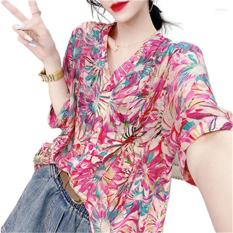 

Women's Blouses & Shirts Woman Spring Autumn Style Lady Fashion Casual Short Sleeve V-Neck Flowers Diamond Tops WY0201 Vere22, Red