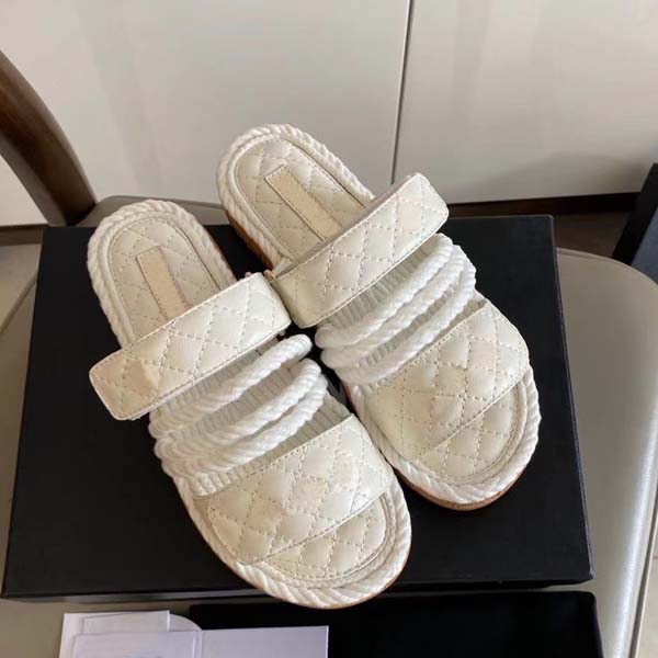 

Designer Women Slippers High Quality Womens Slides Crystal Calf leather Slippers quilted Drawstring Platform Shoes 35-41 With box, White