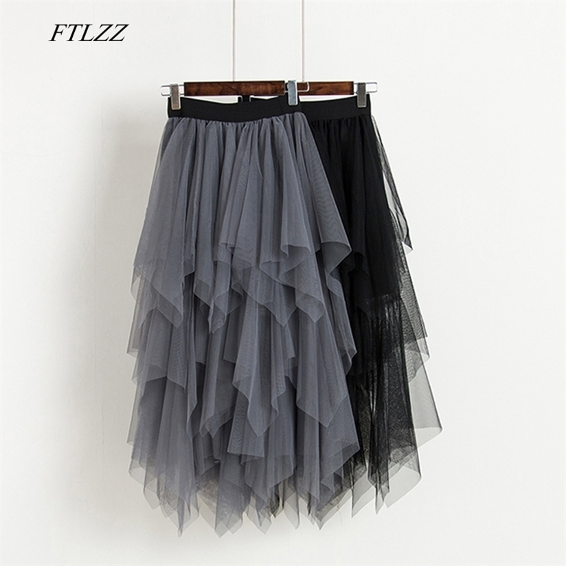 

FTLZZ Tulle Skirt High Waist Mesh Hem Asymmetrical Pleated Midi Female Black Pink Summer Mid-calf 220322