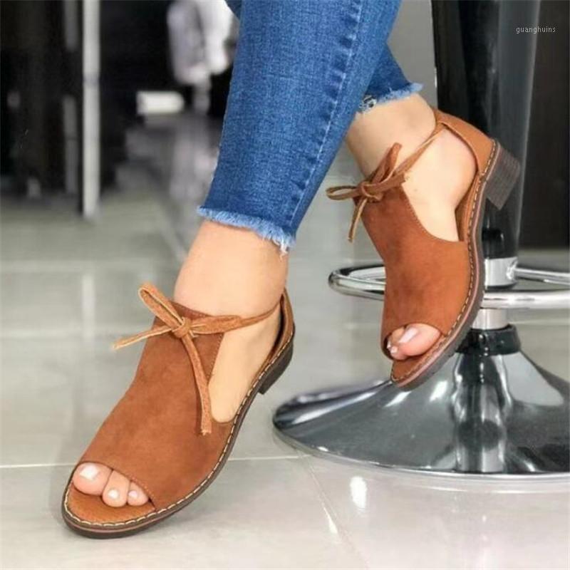 

Sandals Women Flats Summer Fish Mouth Front Tie Side Empty Square Heel Shoes Large Size Women's Zapatos Mujer, Red
