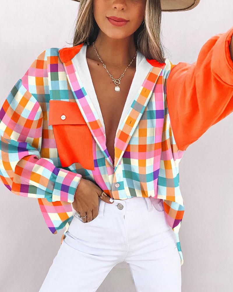 

Women' Blouses & Shirts Women Temperament Colorblock Plaid Print Button Down Shirt Long Sleeve Summer Spring Casual Fashion Top Blouse Shir, Multicolor