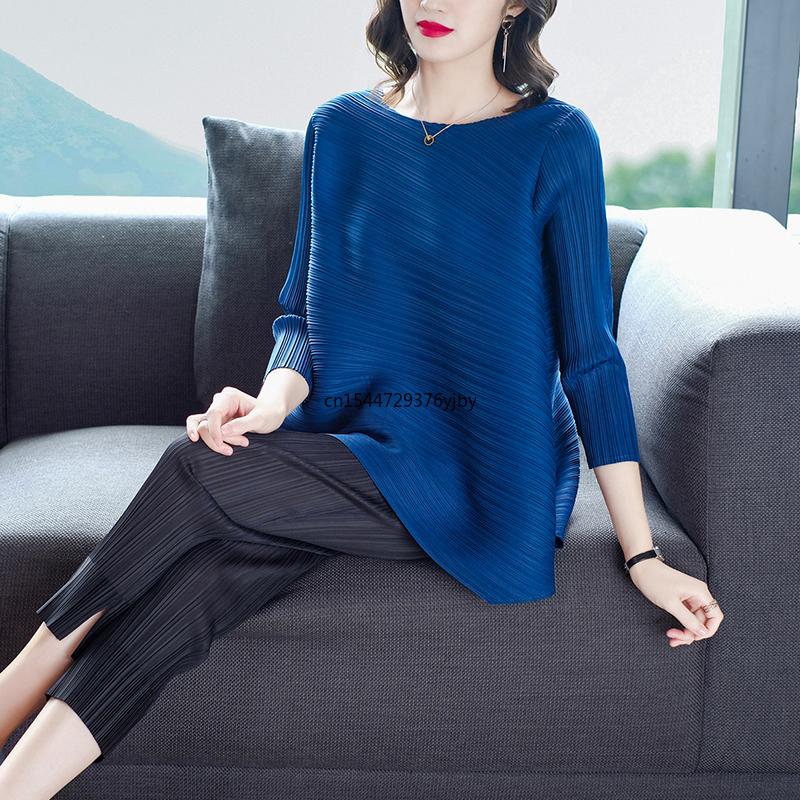

Women's T-Shirt Women Basic Pleated Tshirt Summer Autumn Loose Slim All Match Miyak Three Quarters Sleeve Top Black Blue T-shirtWomen's