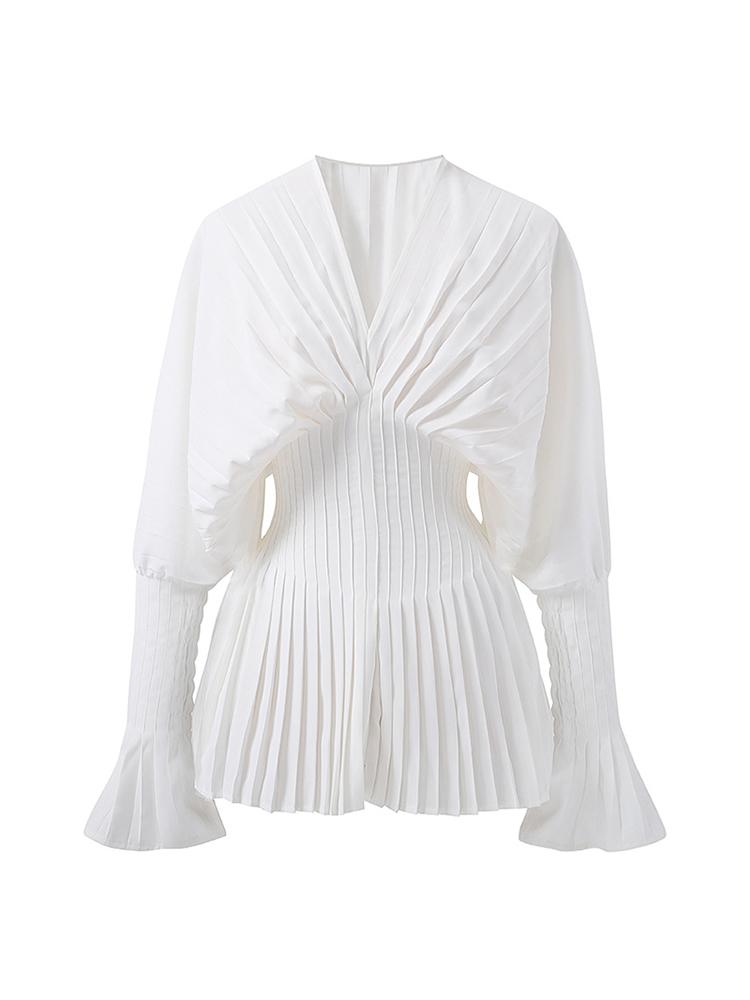 

Women' Blouses & Shirts Women White Pleated Split High Waist Long Blouse V-collar Sleeve Loose Fit Shirt Fashion Top Autumn 2022Women