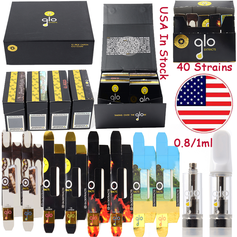 

USA In Stock Newest Packaging Empty 40 Strains GLO Atomizers Extracts Vape Cartridges Oil Carts Dab Wax Pen Ceramic Coil Glass Thick 510 Thread Battery Vaporizer