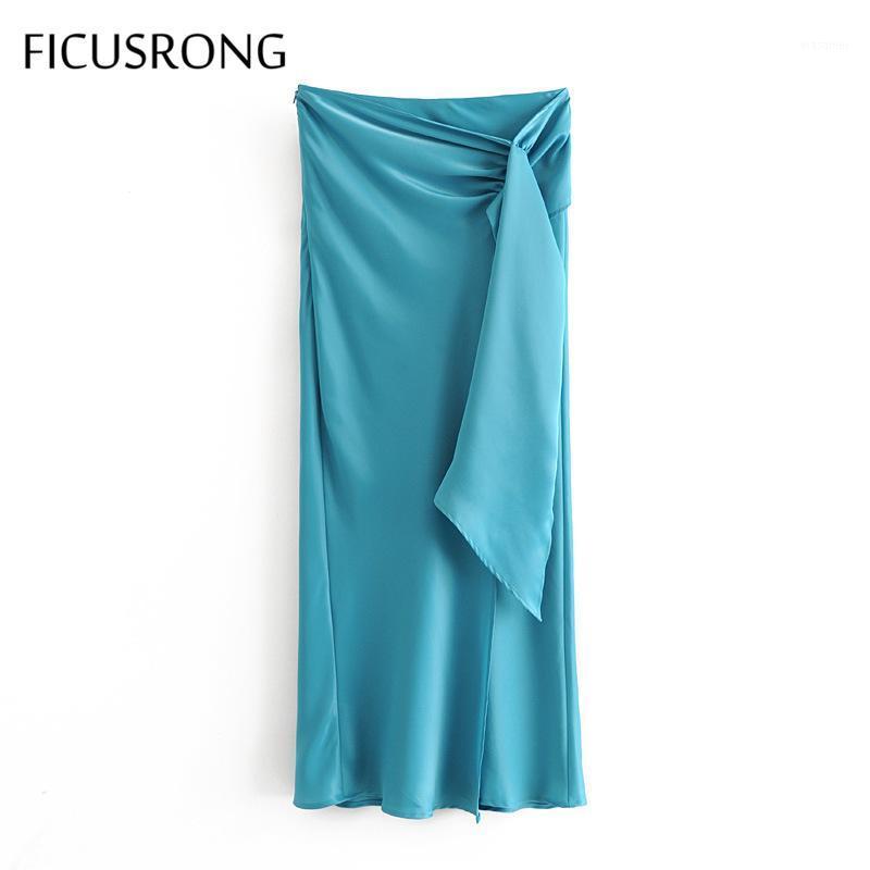 

Skirts 2022 Women Knotted Silk Satin Elegant Texture Skirt Sexy Street Style Bandage Asymmetrical Solid Empire FICUSRONG, Blue
