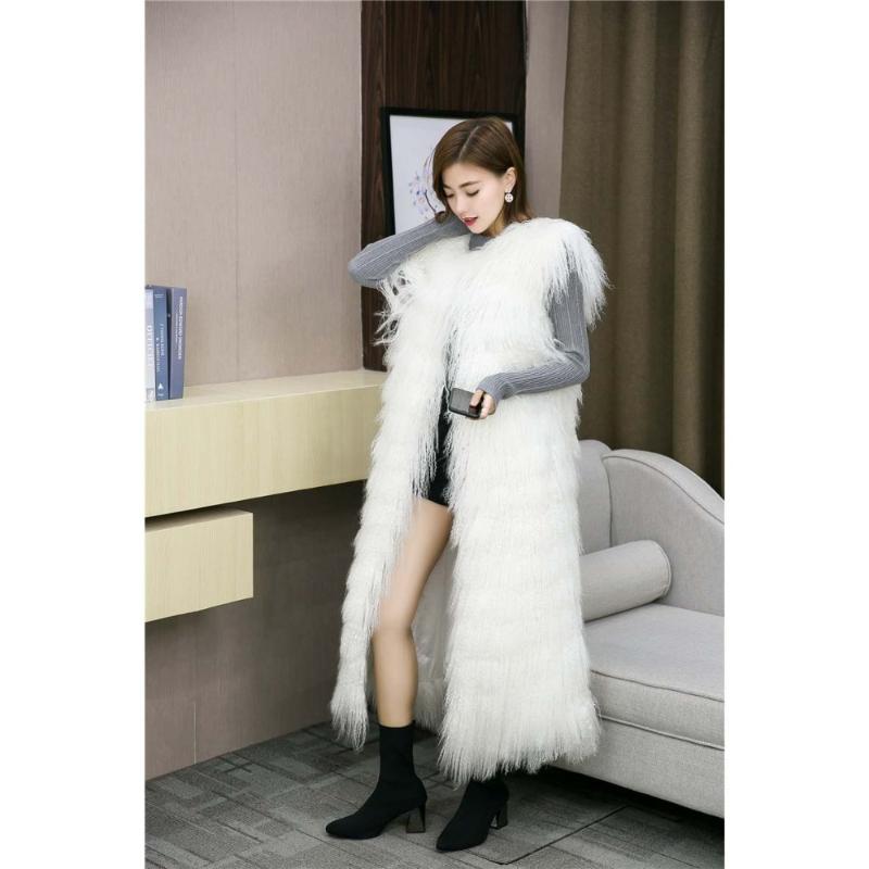 

Women's Fur & Faux Genuine Vest Long Coat Winter Mongolian Lamb Waistcoat Real Fluffy Gilet Female Fashion CoatWomen's, White