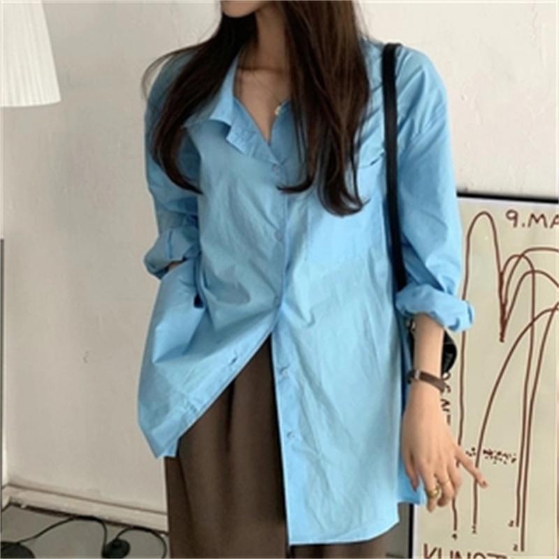 

Women's Blouses & Shirts HziriP 2022 Korean Slim Minimalist Casual Solid Full Sleeves Loose-Fitting Oversize All Match Femme Summer Chic, Blue