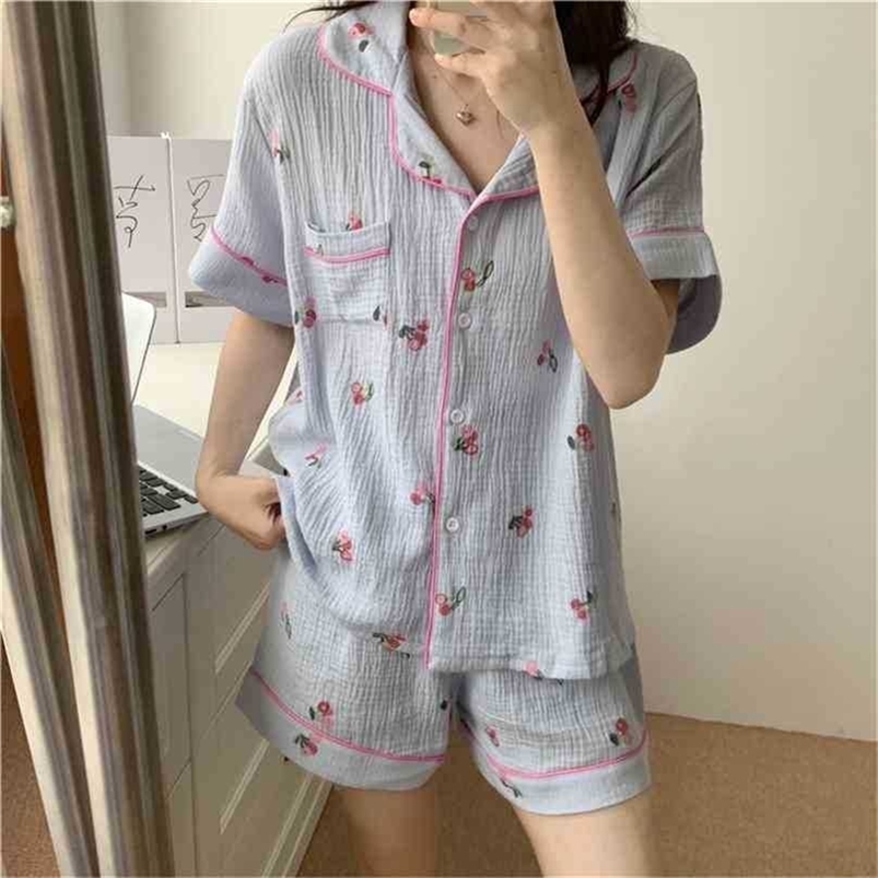 

Summer Short All Match Pajamas Sweet Cardigans Floral Printing Chic Casual Homewear Loose Two Piece Suit Sets 210525, Pink