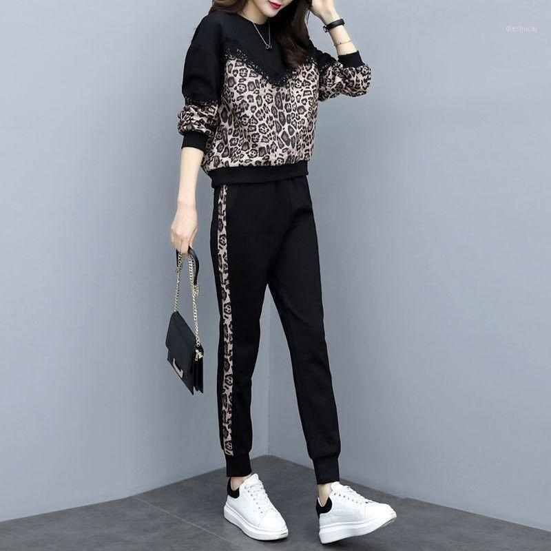 

Women's Two Piece Pants Tracksuits Women Elegant Sst Suit Sets Female Leopard Spliced Long Sleeve Pullover Sweatshirt Pant Outfits 2022, Picture