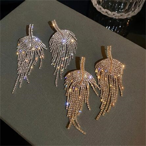 

Long Tassel Rhinestone Drop Earrings Golden Leaf Dangle Earrings for Women Fashion Jewelry Accessories GC1020