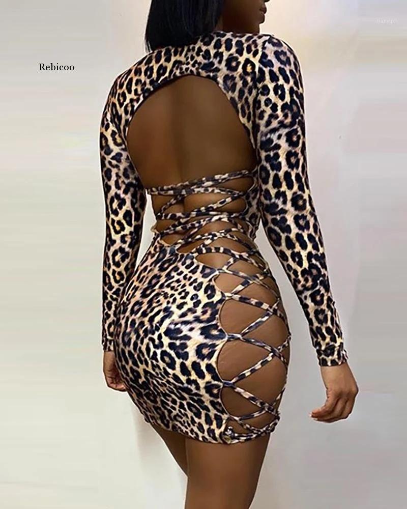 

Casual Dresses Backless Leopard Bandage Bodycon Mini Dress For Women Low-Cut Long Sleeve U Neck Female Skinny Party Fashion