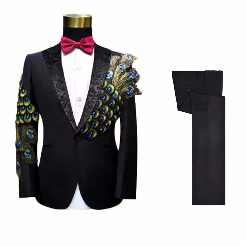 

Mens Wedding Suits Groom Black Peacock Beading Embroidery Tuxedo Suit Stage Ternos Masculinos Slim Fit Costume Homme 220407, As picture
