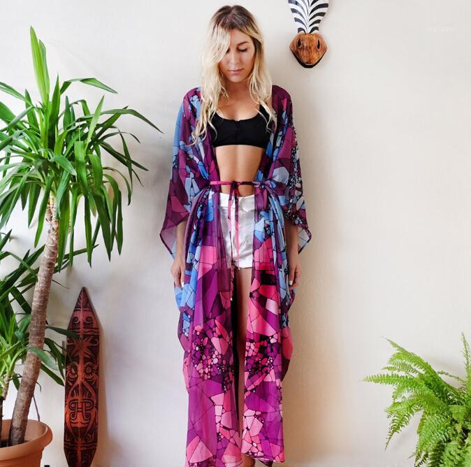 

Women Ladies Marbling Kimono Long Blouse Cardigan Chiffon Sleeve Loose Beach Boho Bikini Cover Up Summer Clothing Women's Blouses & Shirts, Fuchsia