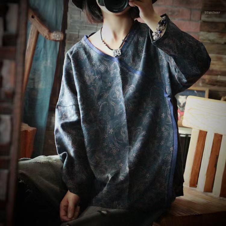 

Women's Blouses & Shirts Johnature Linen Print Flower Vintage Women Chinese Style Autumn Full Sleeve 2022 Tops Loose Retro V-neck, Gray blue