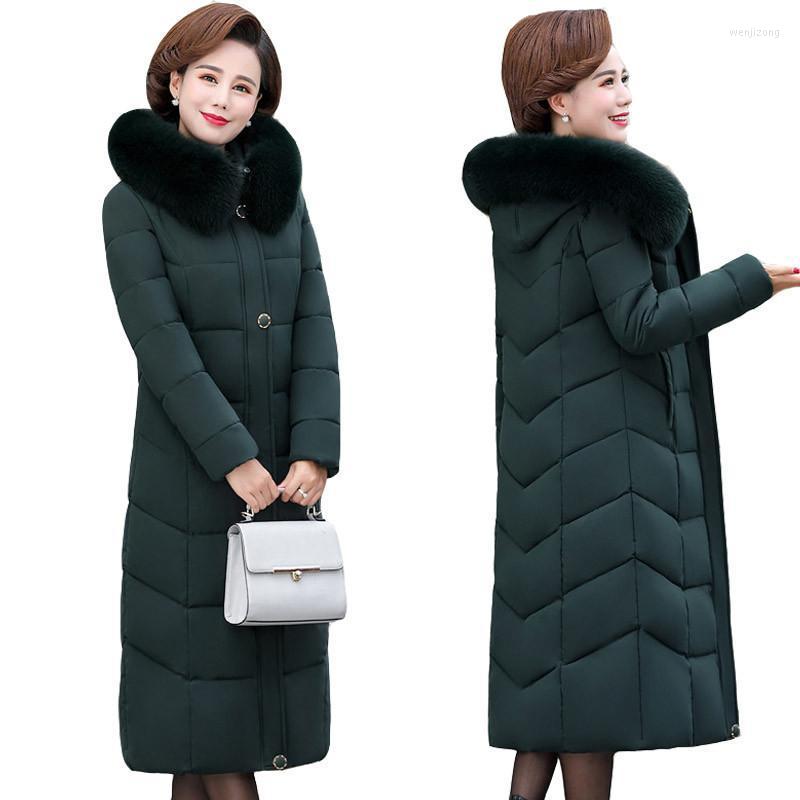 

Women's Trench Coats 2022 Winter Jacket Women Long Parkas Fur Collar Hooded Down Cotton Warm Thicken Padded Outwear Plus Size 5XL, Dark green