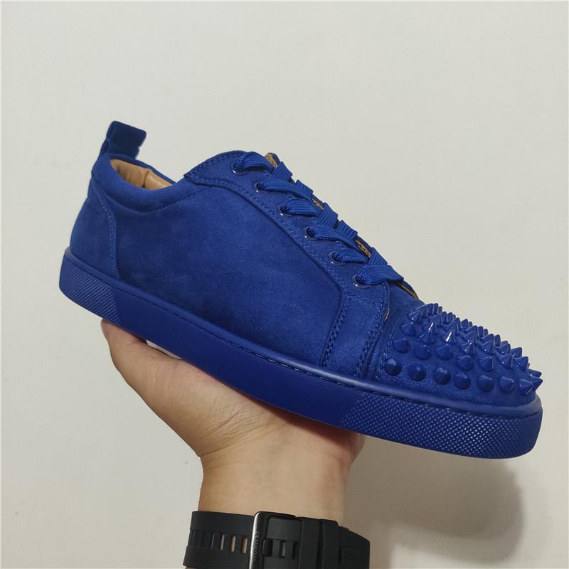 

2022 Luxury Designer Casual Shoes Red Sole Low Flat Spikes Flats Black Blue Suede Silver Diamond Top Quality Men Women Sneakers size35-47