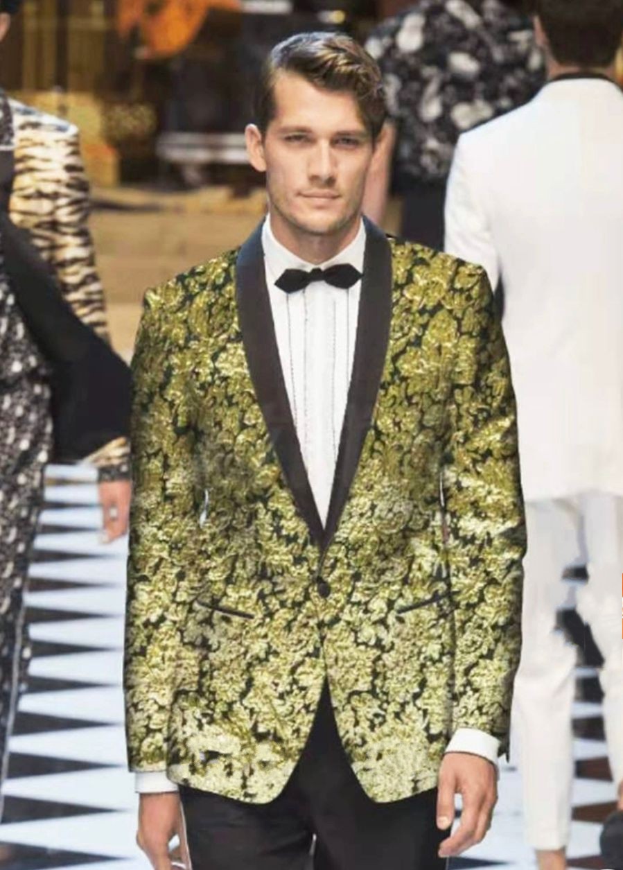 Fashion Golden JacquardMens Wedding Tuxedos Black Shawl Lapel Groom Groomsmen Tuxedos New Design Man Blazers Jacket Excellent 2 Piece Suit acket