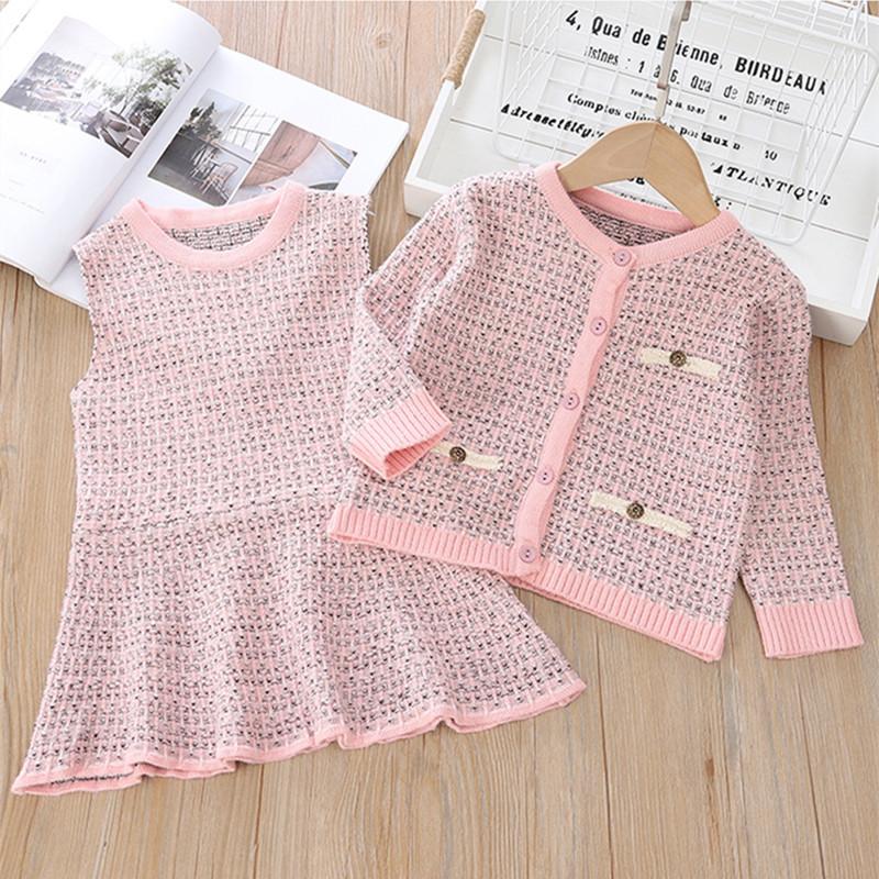 

Clothing Sets DFXD Fashion Two Piece Elegant Princess Suit 2022 Spring Autumn Plaid Knitted Outfit Korean Style Girls Set For 2-7Yrs, Pink