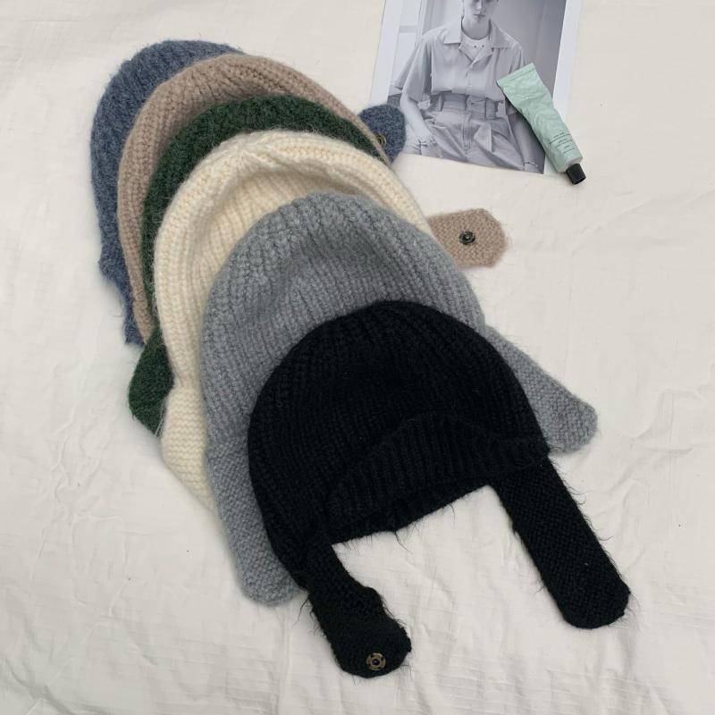 

Berets Ins Ear Protection Knitted Hat Women's Autumn And Winter Korean Style Fashion Decoration With Two Woolen Lei Feng HatsBerets, Black