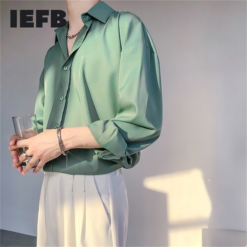 

IEFB Lapel Men's Shirt Handsome Black Green Korean Fashion Chic Long Sleeve Shirt Loose Casual Single Breasted Tops 9Y8207 220401