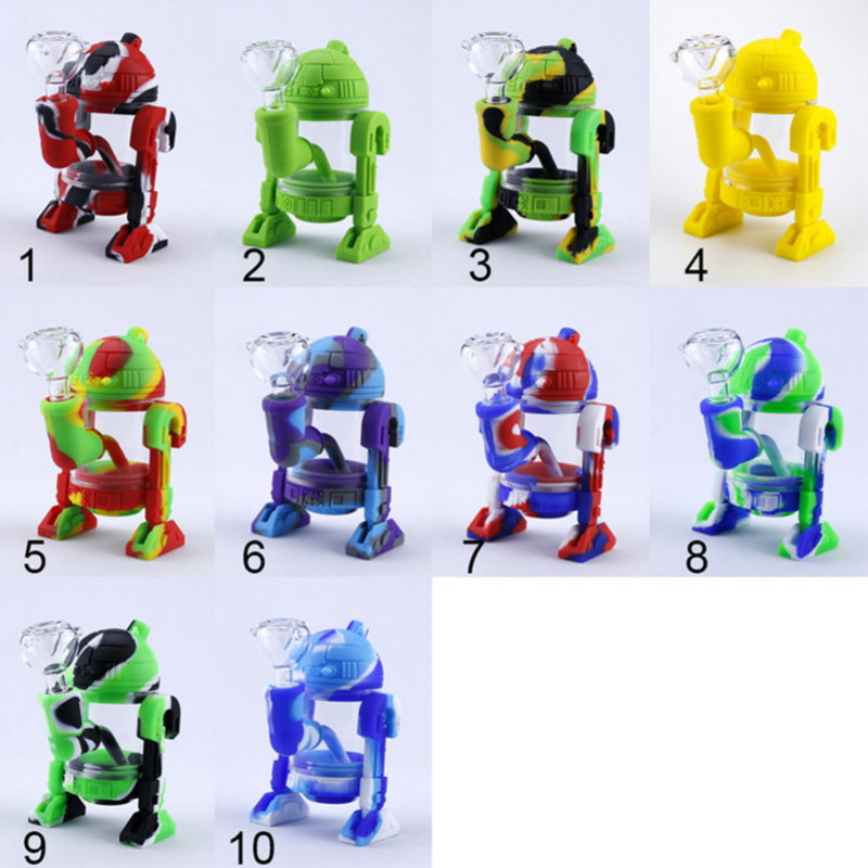 

Hookahs Mini bongs detachable silicone modern robot design glass water bong 14mm bowl protect case smoking pipes