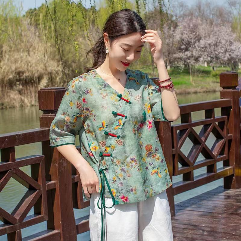 

Ethnic Clothing Female Cardigan Short Sleeve Top Classic Dance Costume Gorgeous Spring Summer Floral Green Hanfu Chinese Women T-shirtEthnic