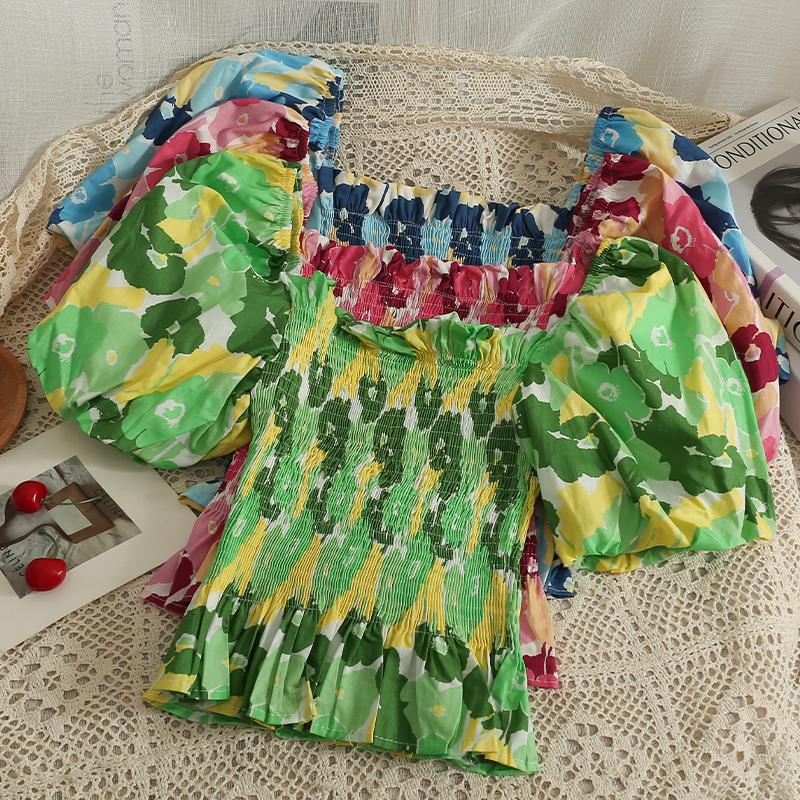 

Women's Blouses & Shirts Chic Floral Print Pleated Vintage Puff Short Sleeve Blouse Fashion Woman Crop Top Femme Blusas Women Clothes Y2kWom, Pink