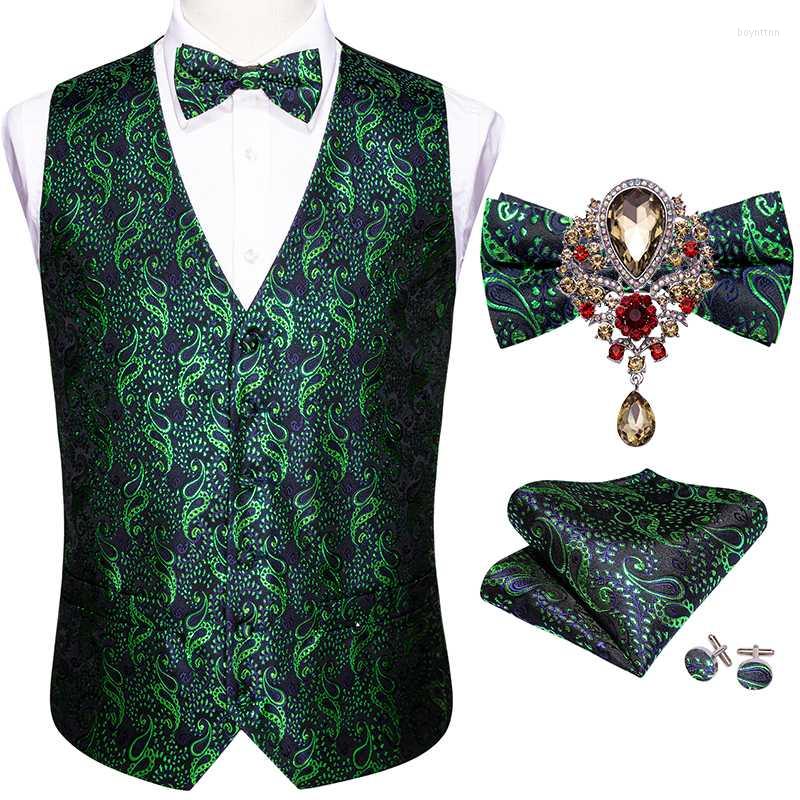 

Men' Vests Designer Mens Wedding Suit Vest Classic Green Paisley Jacquard Folral Silk Waistcoat Butterfly Brooches Set Barry.WangMen, Picture shown