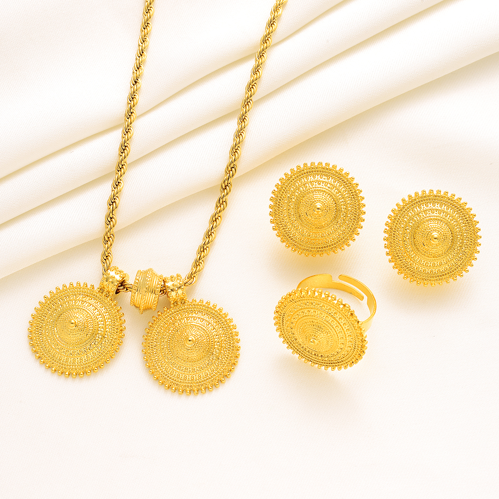 Ethiopian Traditional Jewelry set Pendant Earrings Ring Ethiopia Fine Yellow Gold Eritrea Women's Habesha Wedding party-image-782766110