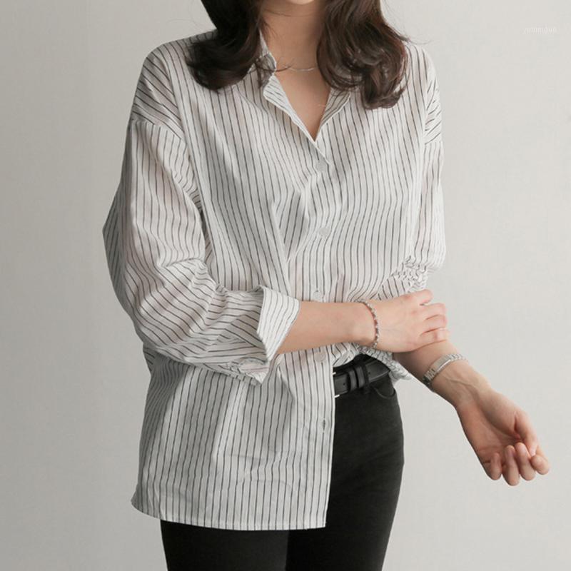 

Women Shirt Long Sleeve Shirts Loose Blue Stripes Printing Blouse For Spring Summer Autumn Female Tops Women' Blouses