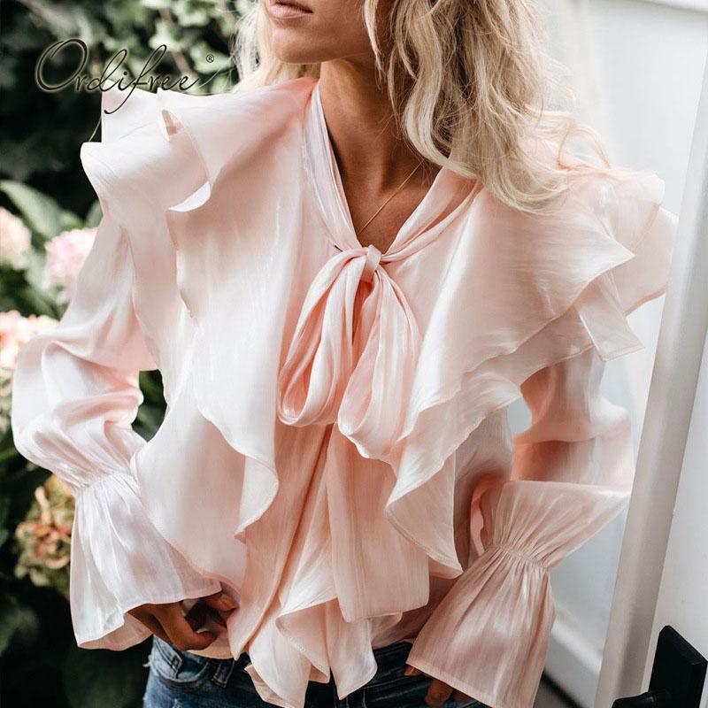 

Ordifree 2022 Summer Women Ruffle Blouse Shirt Long Sleeve Bow Female Pink Tops Women' Blouses & Shirts
