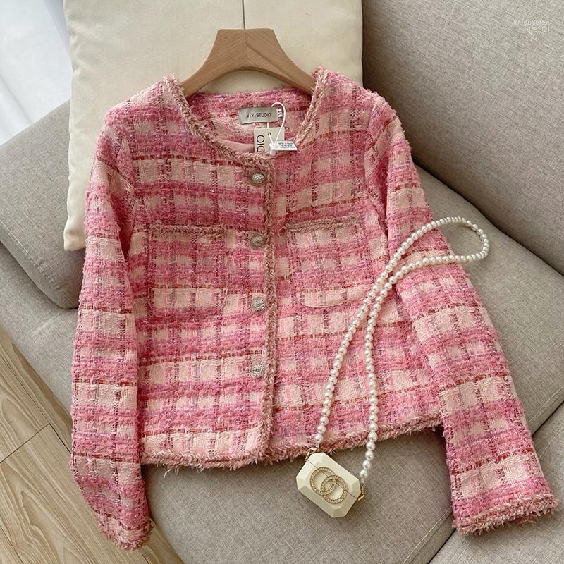 

Women' Jackets High Quality Korean Vintage Tweed Jacket Women Autumn Plaid Pink Coat Single Breasted Tassel Woolen Office Lady Outwear