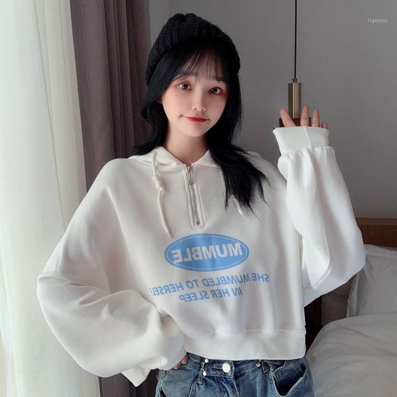 

Women's Hoodies & Sweatshirts Autumn 2022 Korean Letter Print Thin Long Sleeve Sweatshirt Short Hoodie Fashion Sudadera Mujer Wn*, Blue