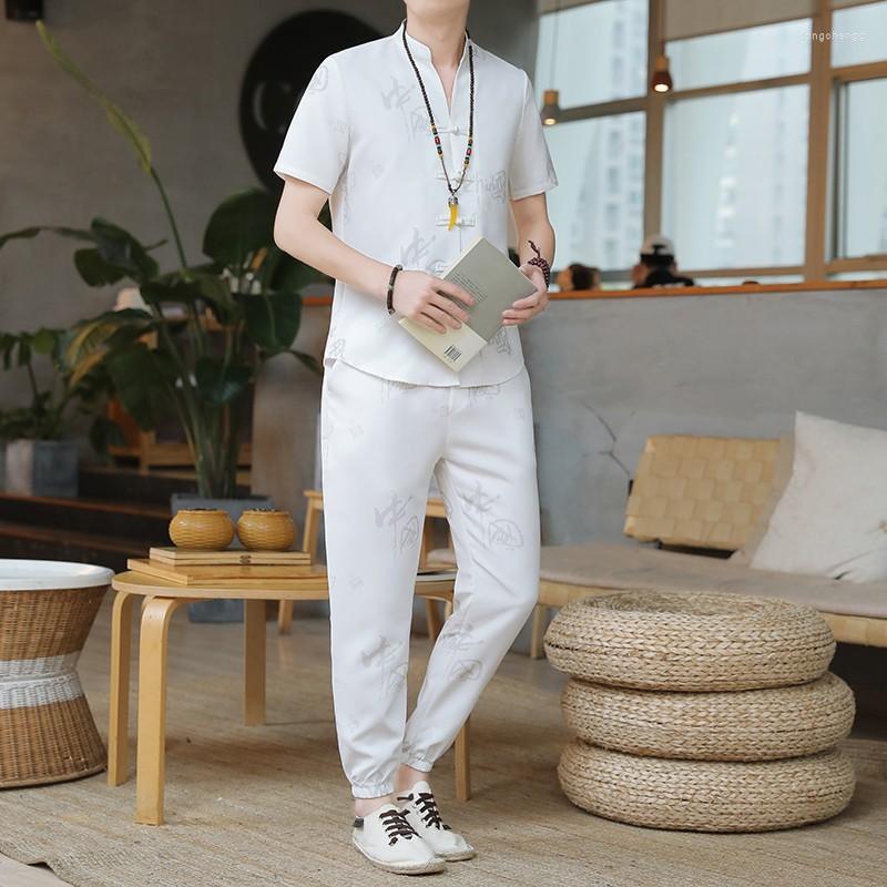 

Men's Tracksuits Ethnic Style Summer Trendy Two-Piece Men's Thin Short SleeveTT-shirt Chinese StyleVCollar Casual Retro SuitMen's, Black