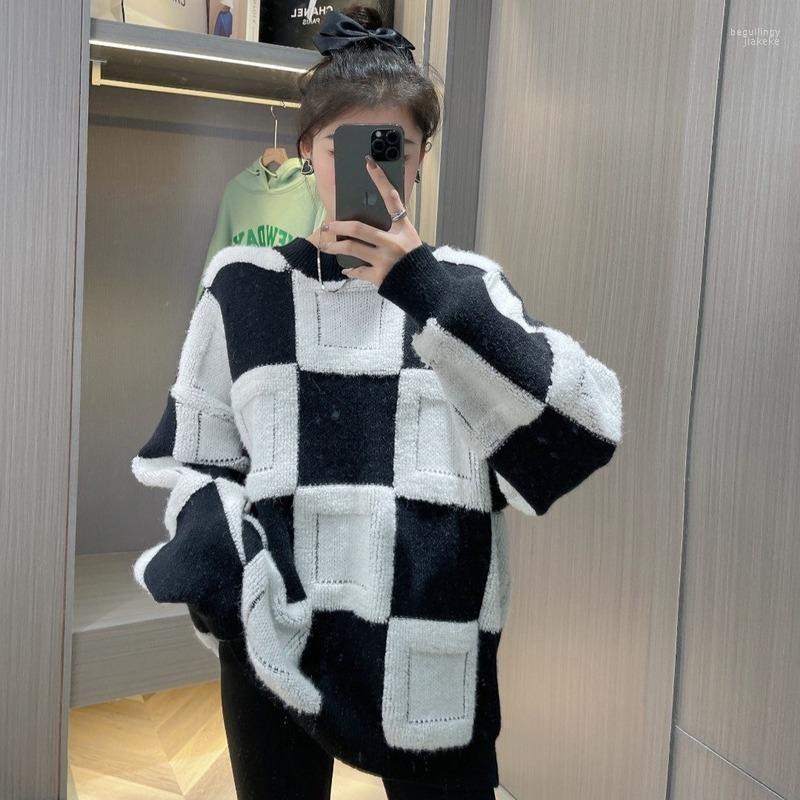 

Women's Sweaters Contrasting Plaid Pullover Sweater Women Autumn And Winter Loose Retro Round Neck Long-sleeved Knitted Jacket Begu22, Green