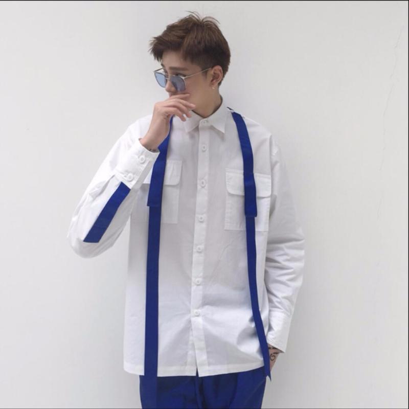 

Men's Casual Shirts Men's Fashion Thread Ribbon Pleated Patchwork White Long-sleeve Shirt Nightclub Dj Singer CostumesMen's