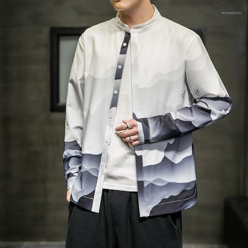 Chemises décontractées pour hommes M-5XL Plus Taille Hommes Chemise sans col à manches longues Motif de montagne Unique Bouton caché Printemps Ét