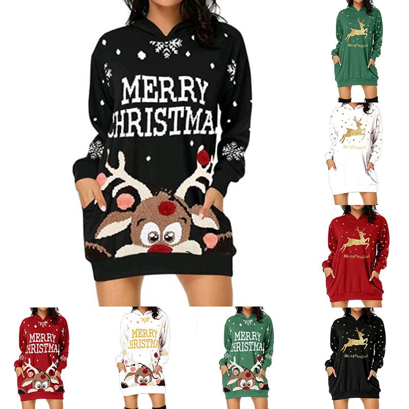 

Women's Hoodies & Sweatshirts Women's Sweatshirt Elk Letter Pattern Long Sleeve Hoodie With Pockets For Christmas Party Spring Autumn Sw, 2 deer black