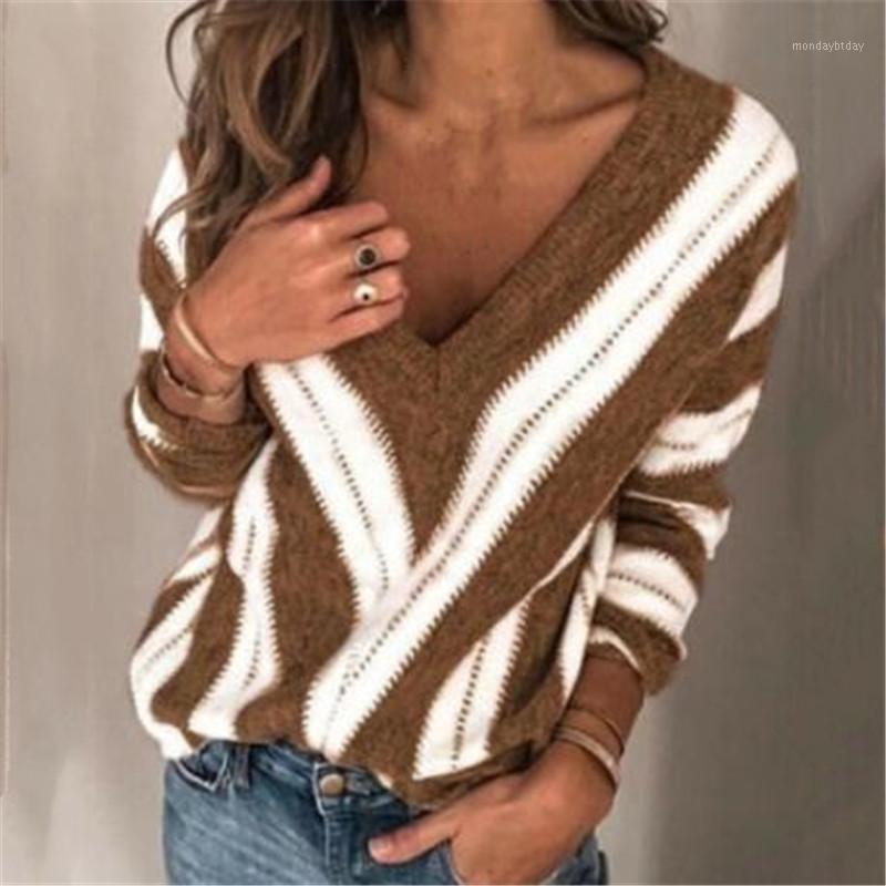 

Women' Sweaters Female Autumn Winter Sweater Fashion Stitching Long Sleeves Loose Casual Tops Wear Women V-neck Warm Fall, As photo show